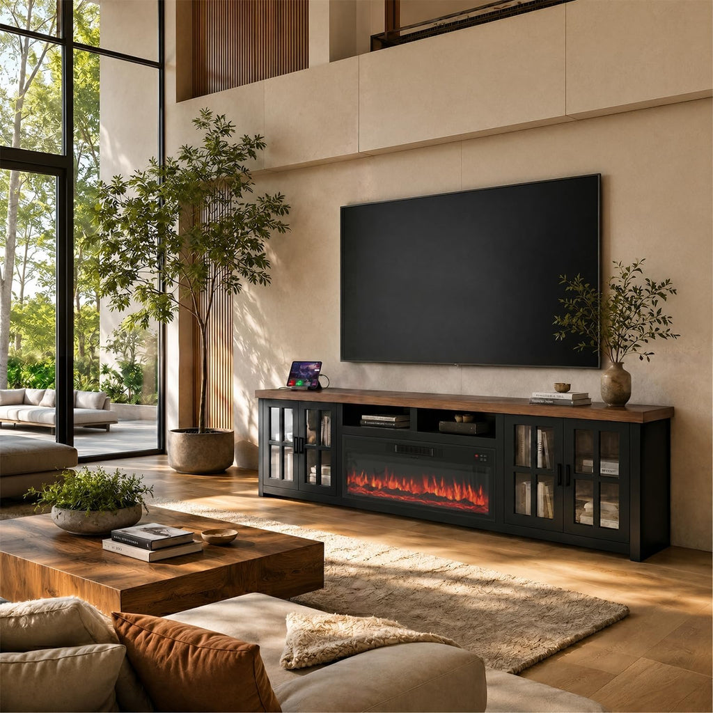 86" Solid Wood Fireplace TV Stand, Entertainment Center with 36" WI-FI Electric Fireplace,Modern TV Media Console