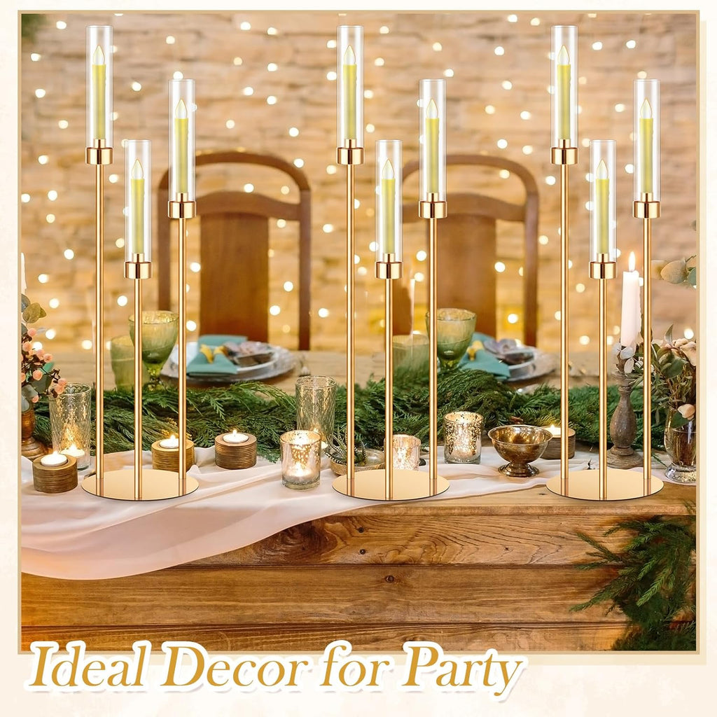 4 Set 3 Arm Candelabra Centerpiece 33.8 Inch Candle Holder Gold Candelabra Metal Floor Pillar Candlesticks for Tables