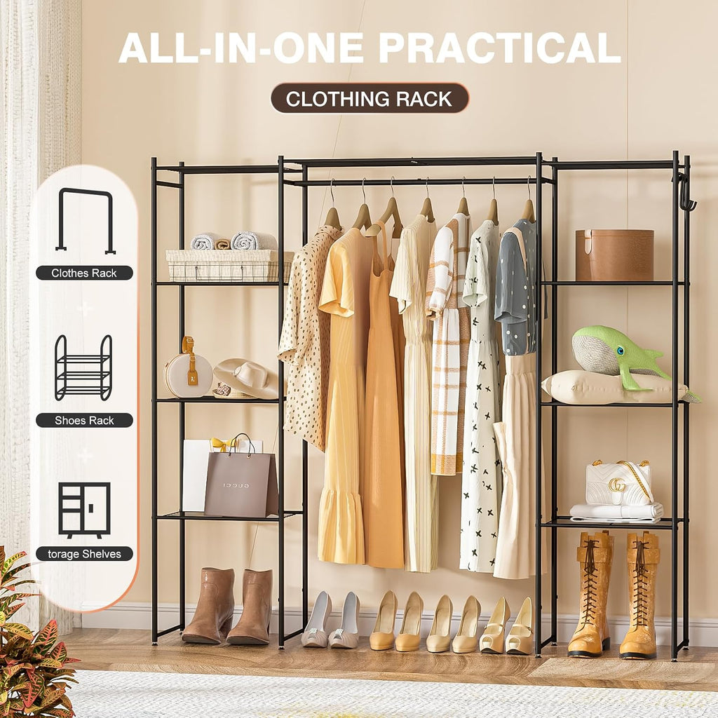 Portable Closet Wardrobe, Metal Clothing Rack with 8 Shelves & 1 Hang Rod, Free Standing Closet Rack for Hanging