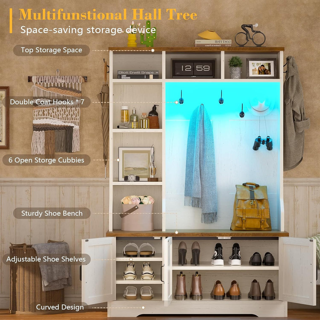 Hall Tree with Bench and Shoe Storage, Farmhouse Entryway Bench with Coat Racks and Led Lights, Tall Hall Tree with 7