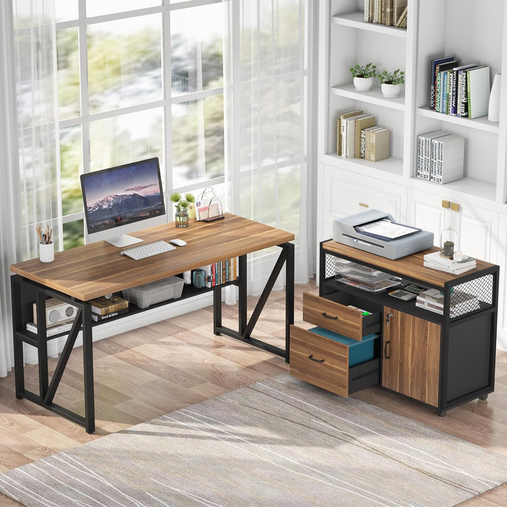 55-inch L Shaped Desk with Drawer Cabinet, Executive Computer Desk and lateral File Cabinet