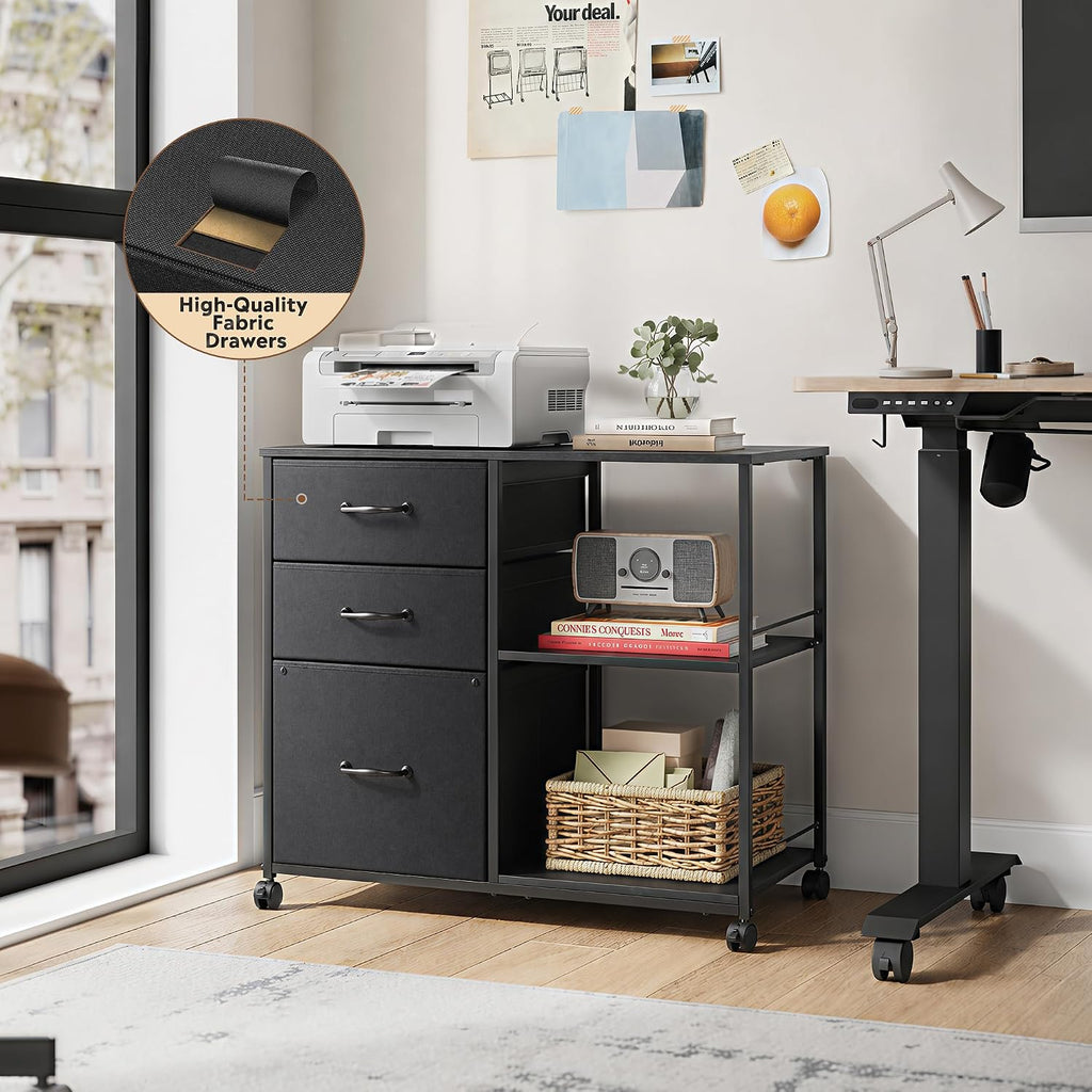 3 Drawer Mobile File Cabinet with Open Storage Shelf | Rolling Printer Stand, Fabric Lateral Filing Cabinet fits A4