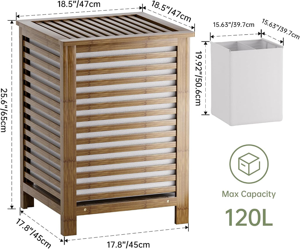 Double Laundry Hamper with Lid, 120L Bamboo Laundry Basket with Removable Liner Bag, 2-Section Clothes Divider