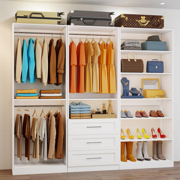 Closet System of 3 Sets, 6-15FT Closet Organizer System Wood with 3 Drawers & 7 Shelves, Walk in Closet Organizer