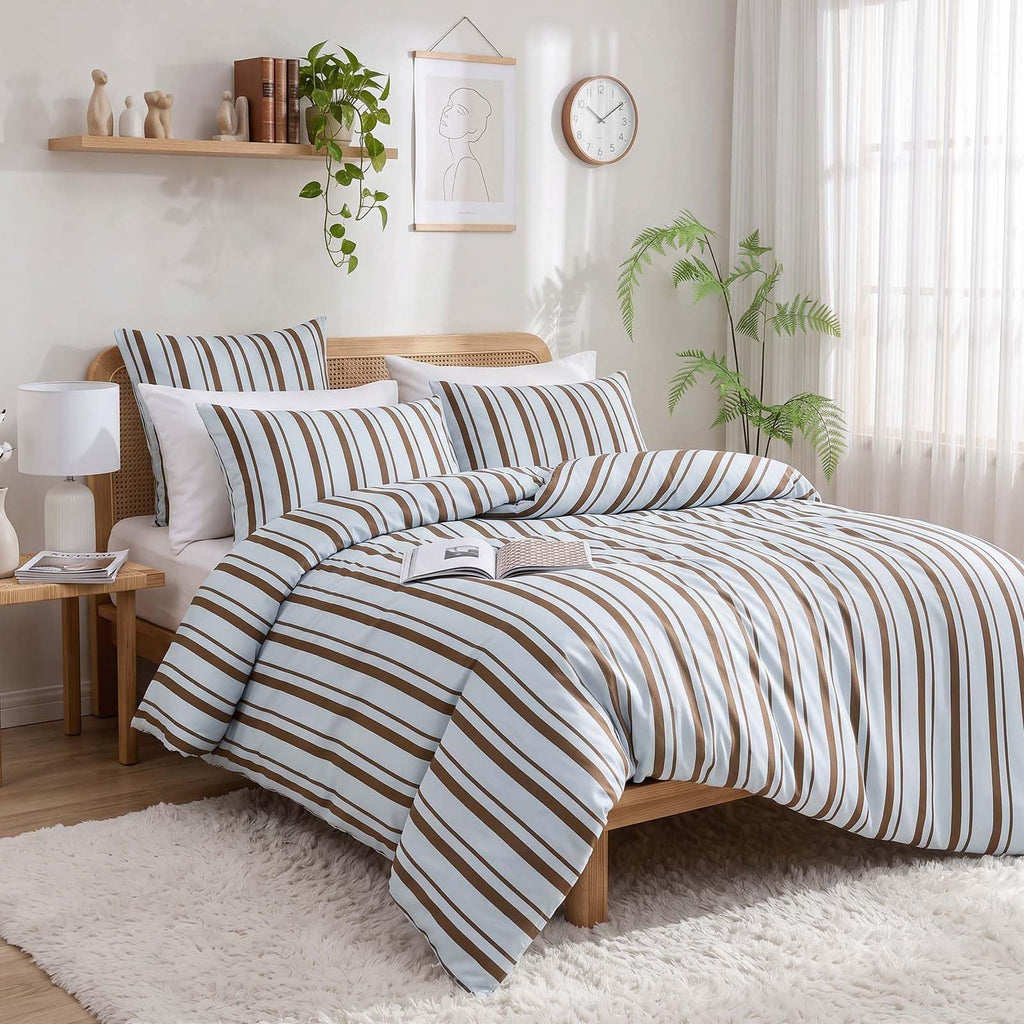 Blue Brown Striped Duvet Cover Set Queen Modern Farmhouse Bedding