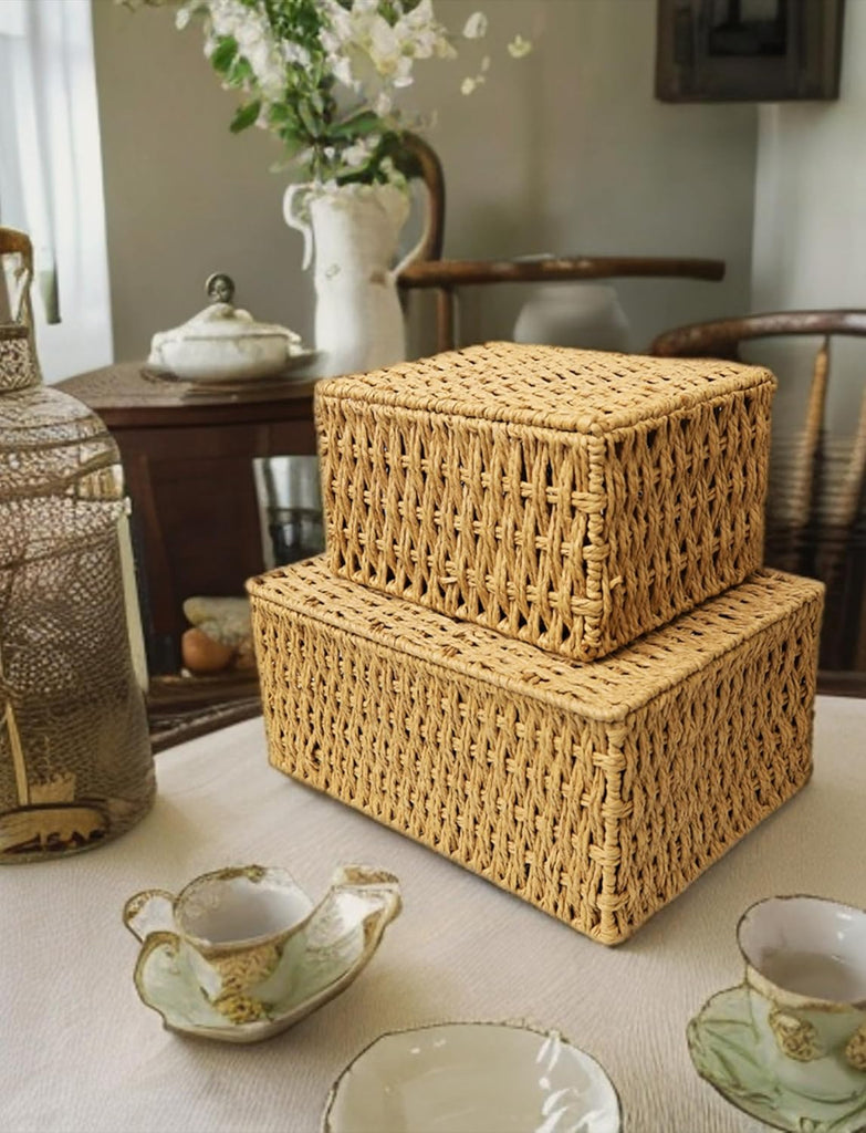 Woven Stackable Storage Baskets with Lid, Decorative Rope Organizer Bin - Set of 4 (4 Sizes), Beige (No Liner)