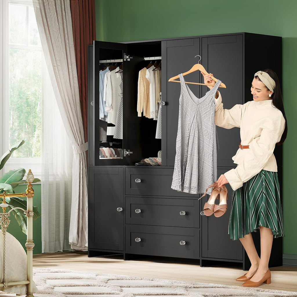 71" Armoire Wardrobe Closet with Drawers and Mirror, 6 Doors | Clothing Storage Cabinet with Hanging Rod, Wooden