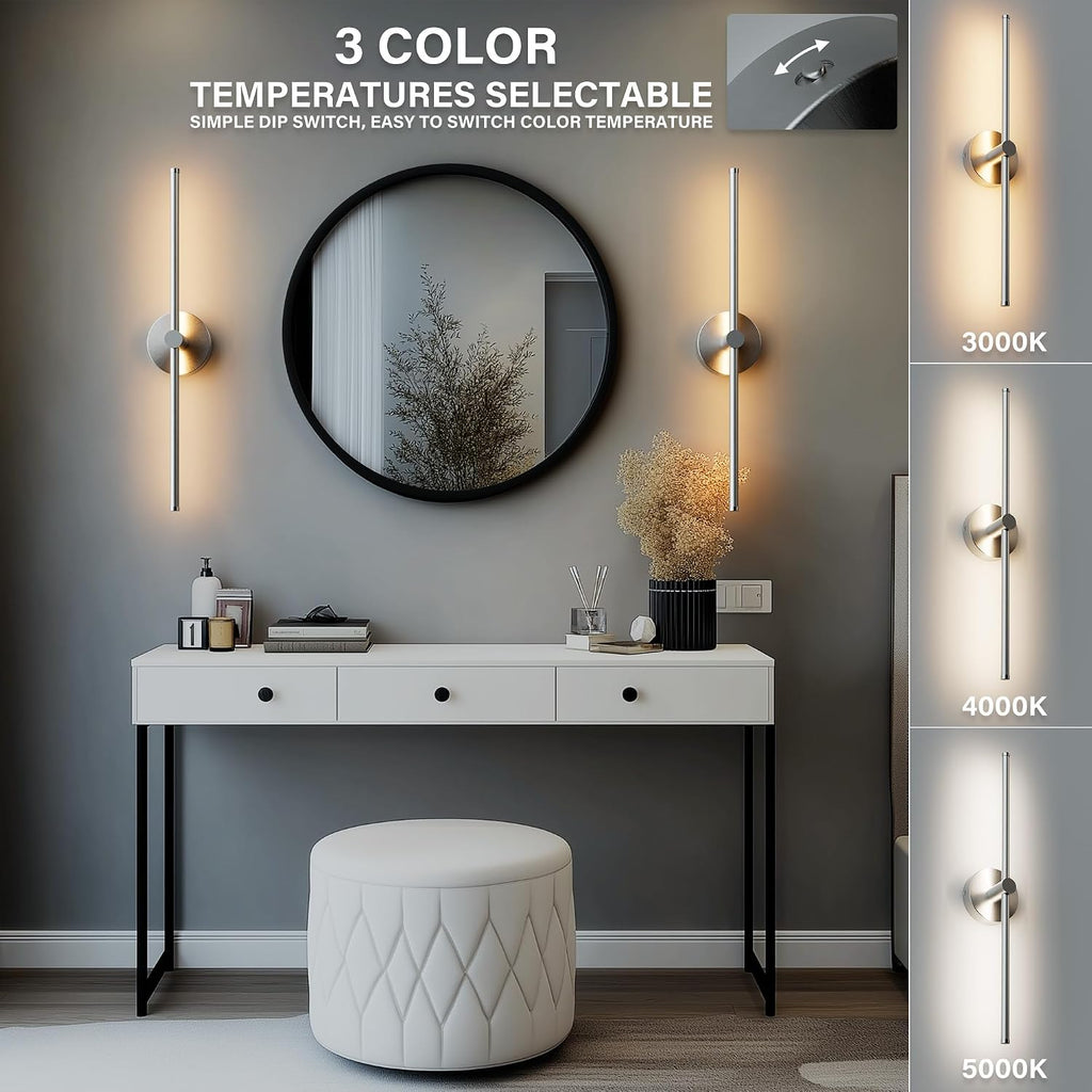 24 Inch LED Indoor Linear Wall Sconces Set of Two, 3CCT Switchable, Brushed Nickel, Hardwired and Wall Mounted