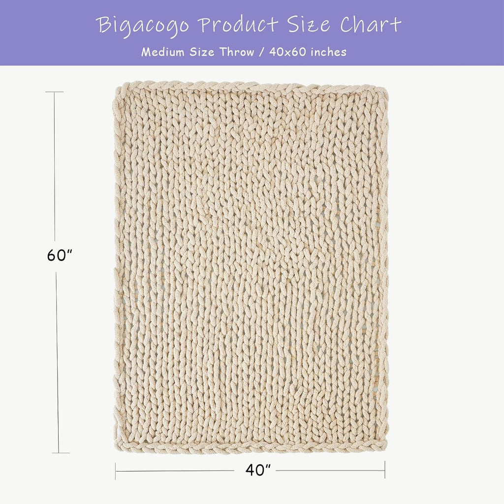 Chunky Knit Throw Blanket, 40x60 inches, 100% Hand Knitted with Thick Jumbo Chenille Yarn, Cozy Soft Large Rope Knot