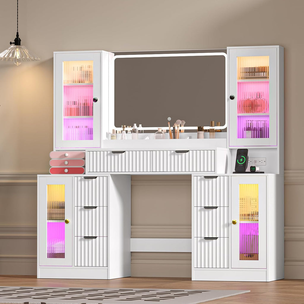 Fluted Makeup Vanity Desk with Mirror and Lights, 55" Glass Top Vanity with 8 Drawers & 4 RGB Glass Cabinets