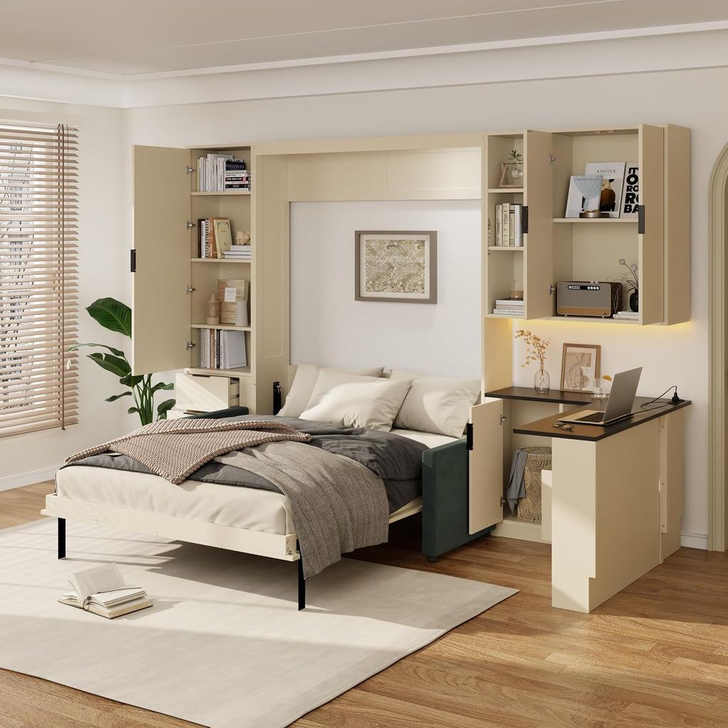 Queen Foldable Murphy Bed with Sofa and Desk, Wall Cabinet Bed with Hydraulic Storage, Shelves & Drawers, LED/USB