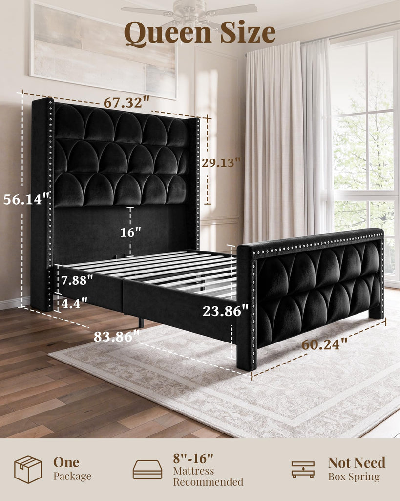 Queen Size Bed Frame with 56" Headboard - Velvet Upholstered Wingback Platform Bed Frame, Noise Free, Sturdy Wooden