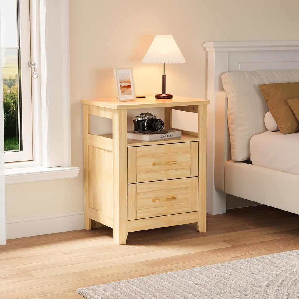 Farmhouse Nightstand with Charging Station, Modern End Tables with 2 Drawers & Open Shelf, Outlets, USB Ports and