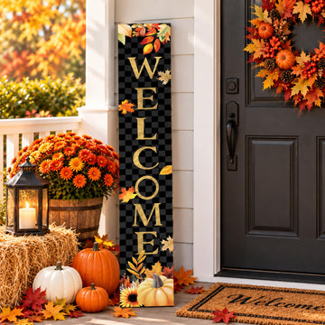 Fall Wooden Porch Sign 47" Autumn Pumpkin Maple Leaf Front Door Welcome Sign Vertical Standing Sign For Garden Home