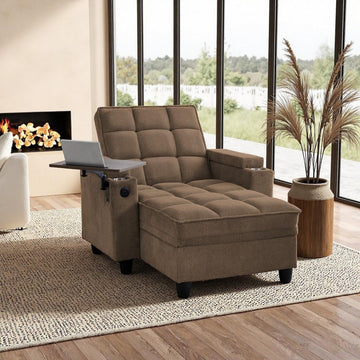 Modern Tufted Linen Fabric Chaise Lounge Sofa Chair with Rotating Side Table, Storage, Pillow, USB Charging Ports and