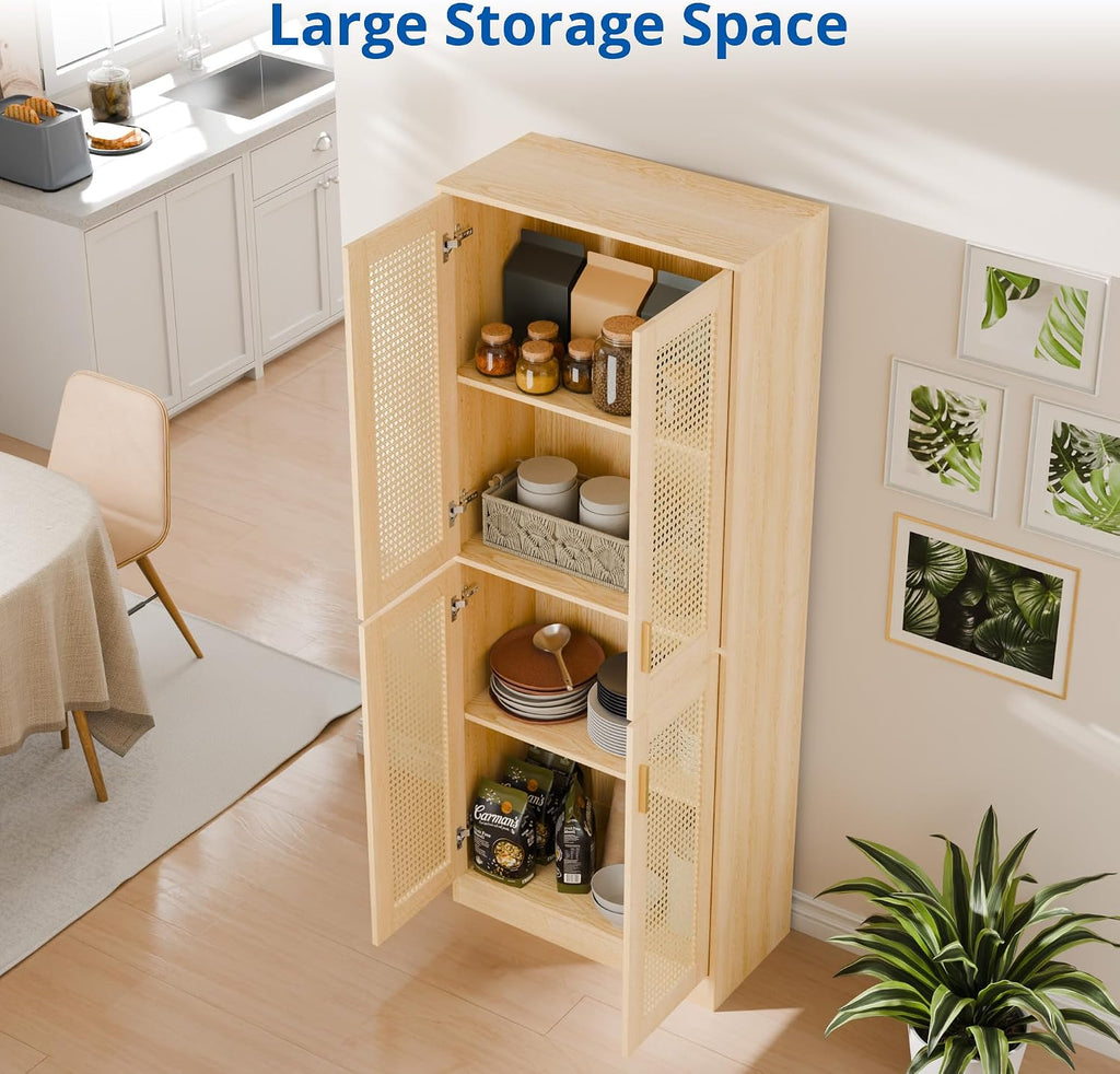 Kitchen Pantry Cabinet, 71" Tall Rattan Doors Storage Cabinet and Adjustable Shelves, Modern Farmhouse Wood Cupboard