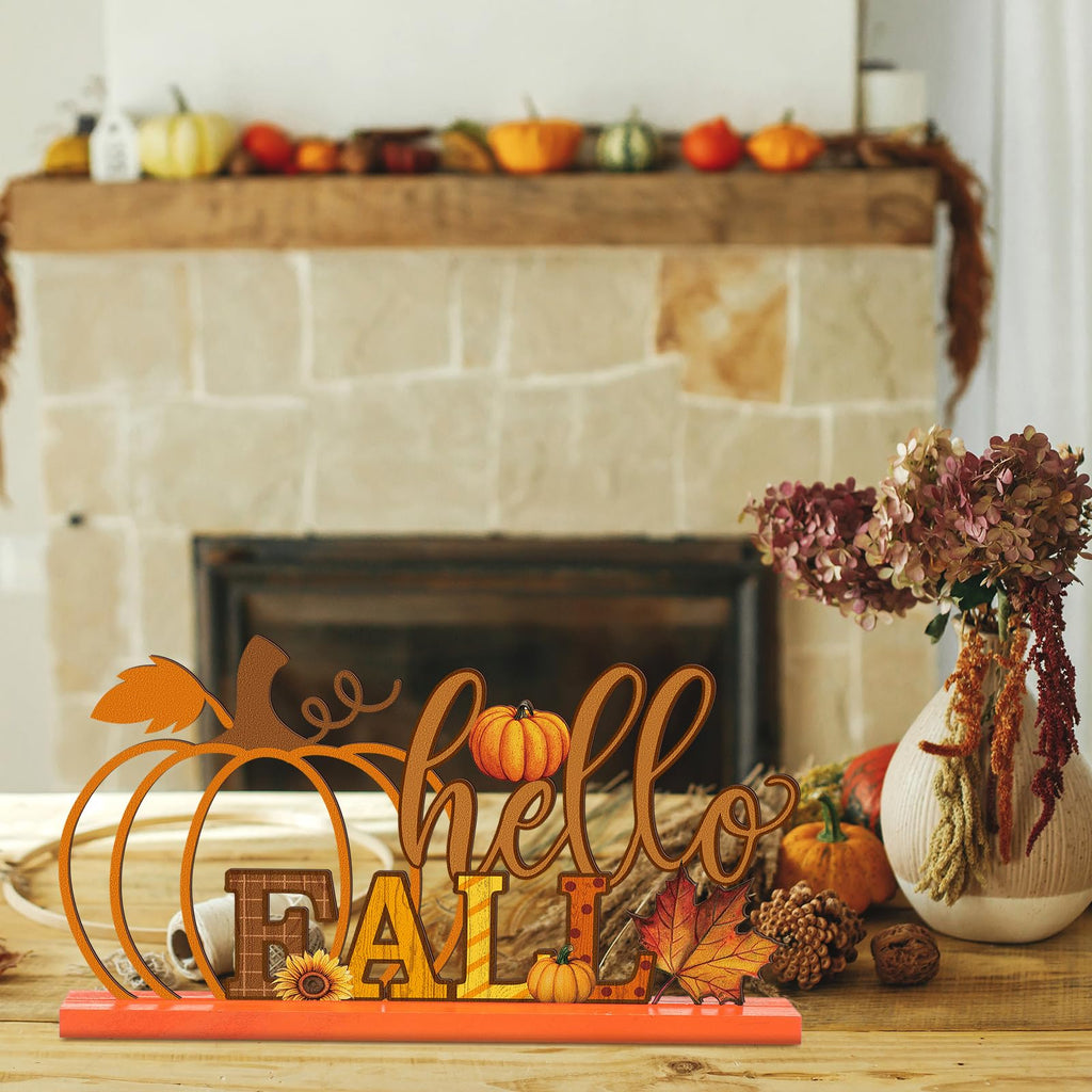 Fall Decorations Metal Pumpkin Table Sign with Wood Base