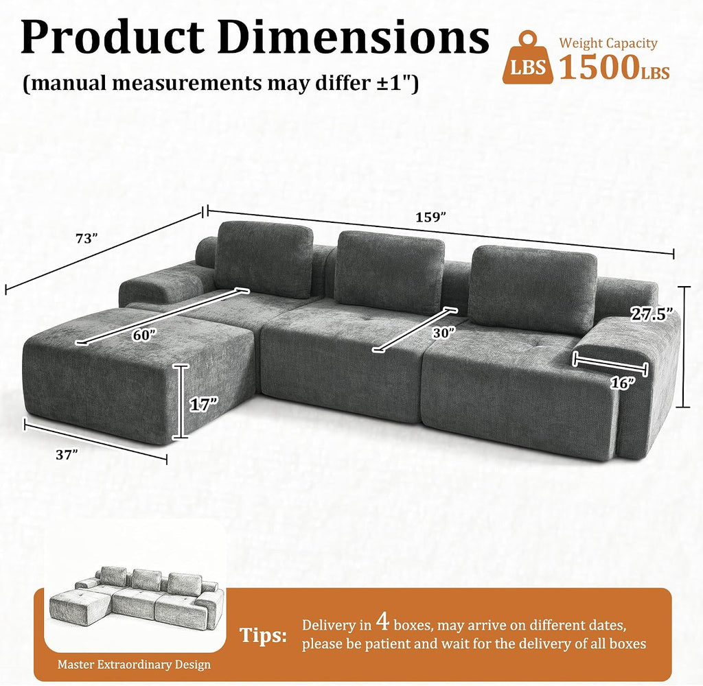 122" L-Shaped Oversized Boneless Couch Modular Cloud Sectional Sofa |Soft Chenille| High Back| Extra Deep Seat| Zero