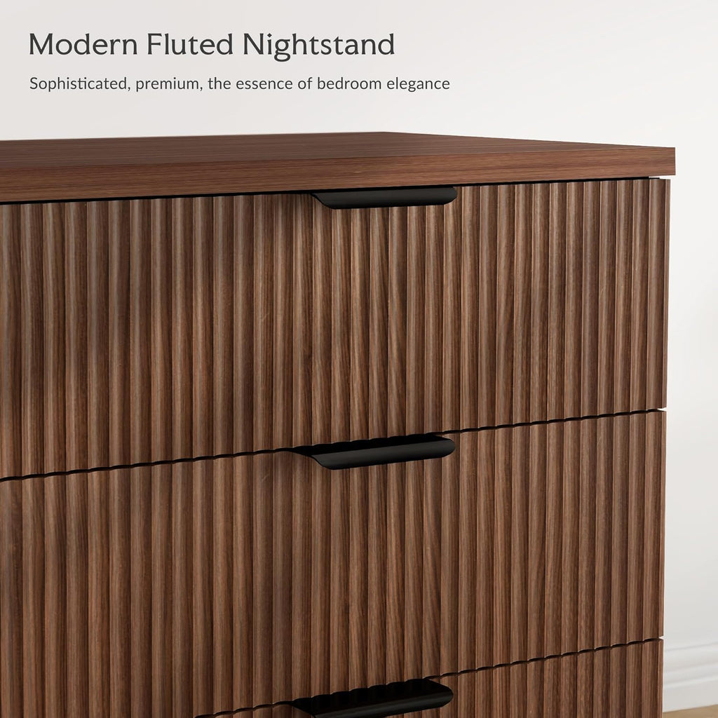 25.6"W Fluted Nightstand with 3 Drawer, Mid-century Modern Wood Night Stands Bedside Table King/Queen Bed, End Table