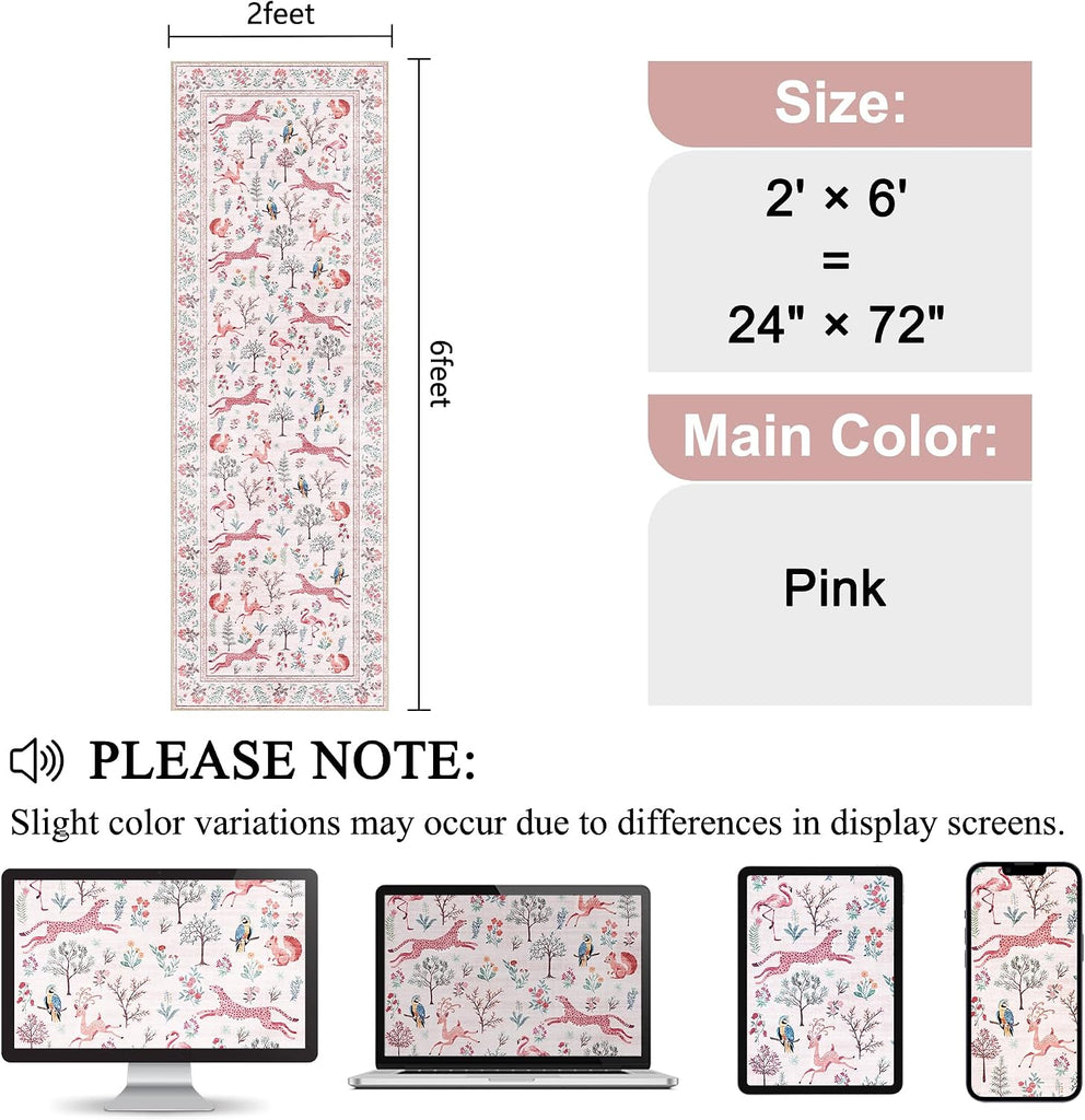 2x10 Kitchen Runner Rug, Soft Non Slip Animal Washable Rug, Pink