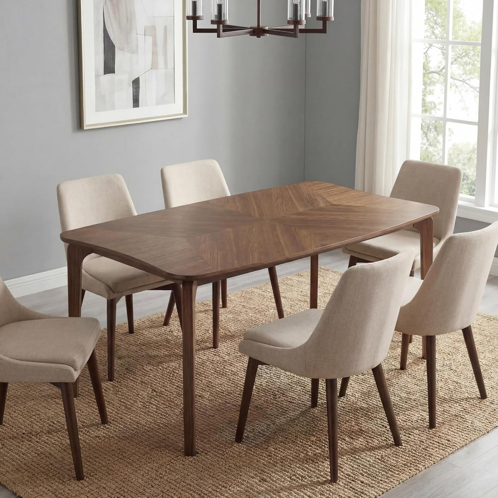 Mid-Century Modern Walnut Color Dining Table, 63" Rectangular Kitchen Table with Solid Wood Legs, Curved Edges