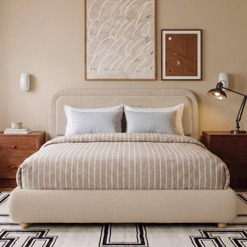 Boucle Cloud Full Bed Frame with Headboard, Solid Wood Legs, Khaki