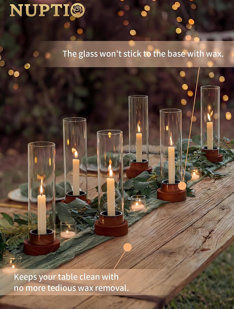 Hurricane Glass Candle Holders with Wax Catchers, Dripless, Set of 2 | Metal Bobeches Catch Drips, Clear Chimney