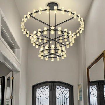 Inspired Arcachon Style 3-Tier Round Wagon Wheel Chandelier, 24" + 40" + 59" 124-Light Black — Grand Foyer & High Ceilings