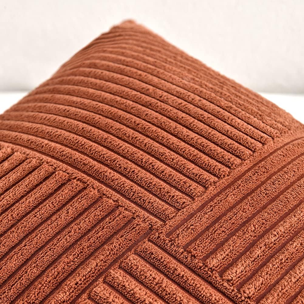 Rust Lumbar Decorative Throw Pillow Covers 12x20 Inch, Rustic Farmhouse Boho Home Decor, Soft Striped Corduroy