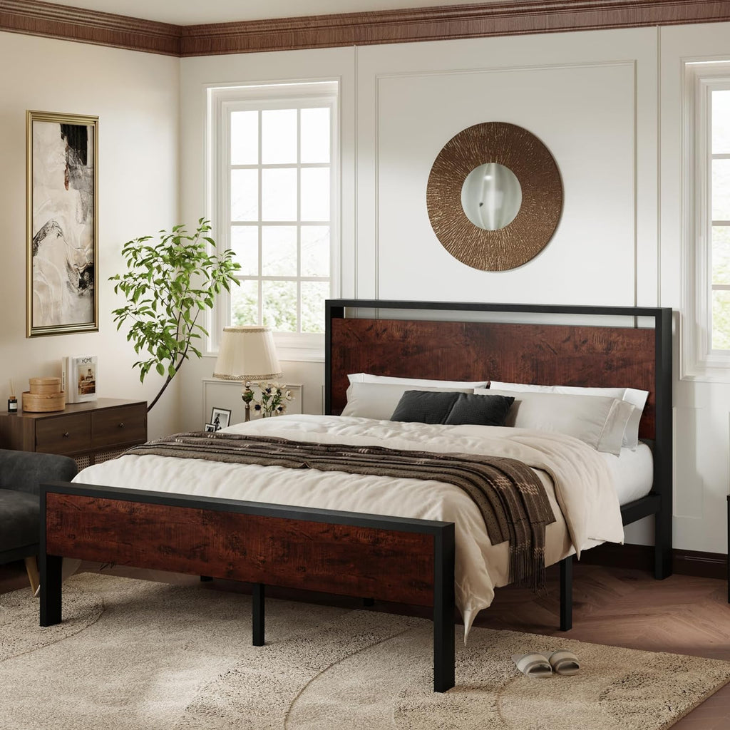 Queen Platform Bed Frame with Wooden Headboard and Footboard, Heavy Duty 12 Metal Slats Support, No Box Spring
