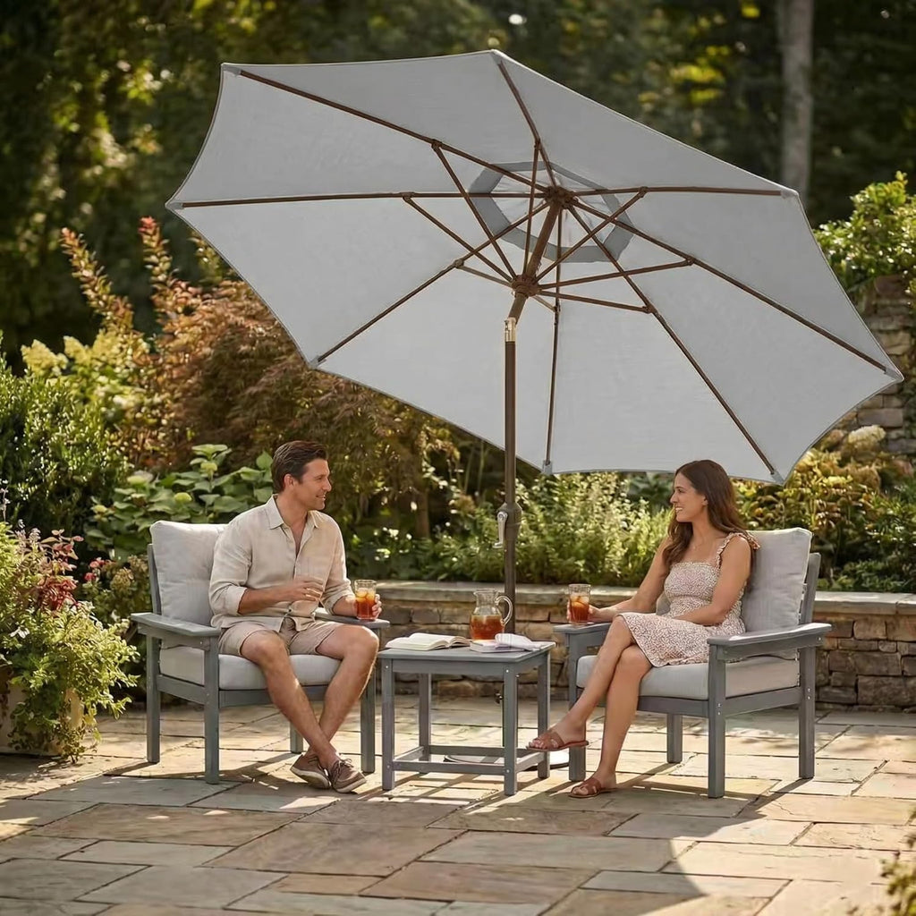 9FT Outdoor Patio Umbrella, Round Market Table Umbrella with Push‑Button Tilt and Crank Lift, 8 Sturdy Metal Ribs