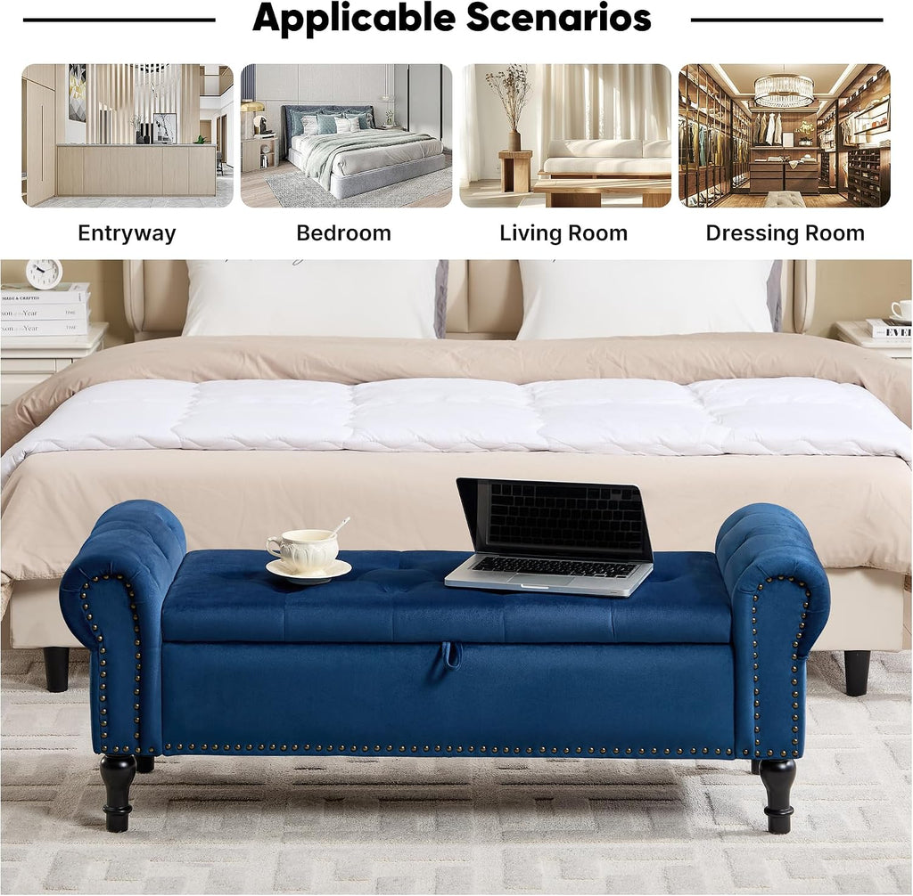 Storage Bench , 51" Upholstered End of Bed Bench, Velvet Queen Size Benches with Rolled Arms, Tufted Button Storage
