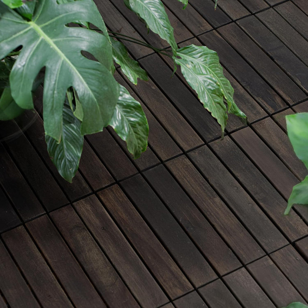 Interlocking Deck Tiles, Acacia Hardwood Outdoor Flooring, Dark Brown Deck Tiles, 12 12 Inch Striped Patio Floor Tiles
