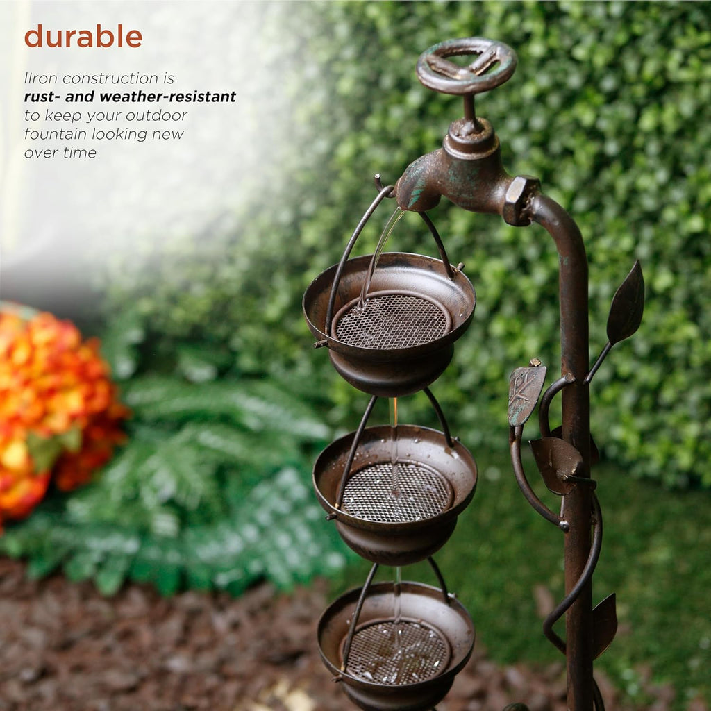 MAZ254 Outdoor Floor Tiered Vintage Water Fountain w/ 6 Hanging Cups, Soothing Tier Waterfall, 38", Bronze