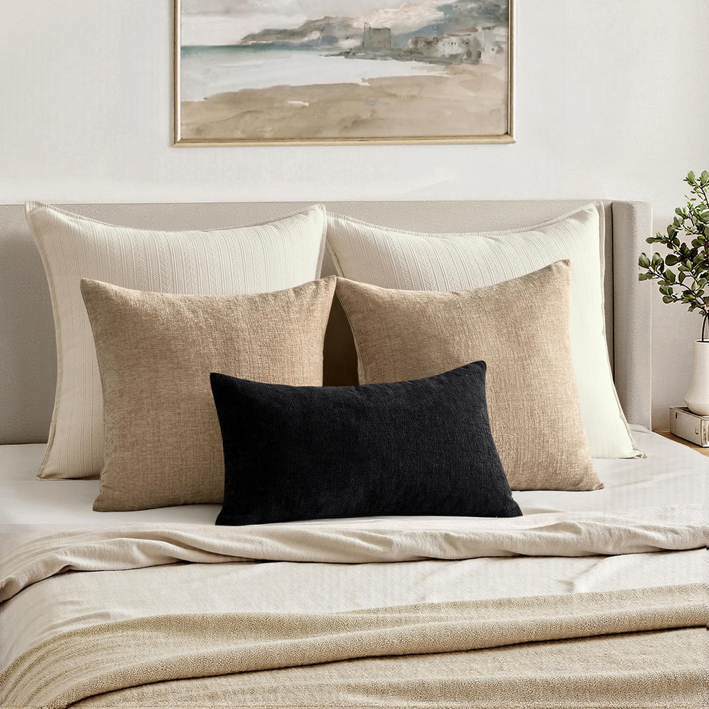 Black Chenille Couch Lumbar Throw Pillow Covers, 12x20