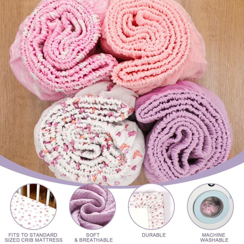 4 Pack Muslin Baby Crib Sheets Soft Breathable, Purple Butterfly