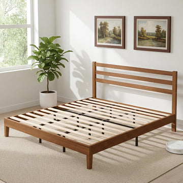 Solid Wood Bed Frame - King Mattress Foundation with Headboard
