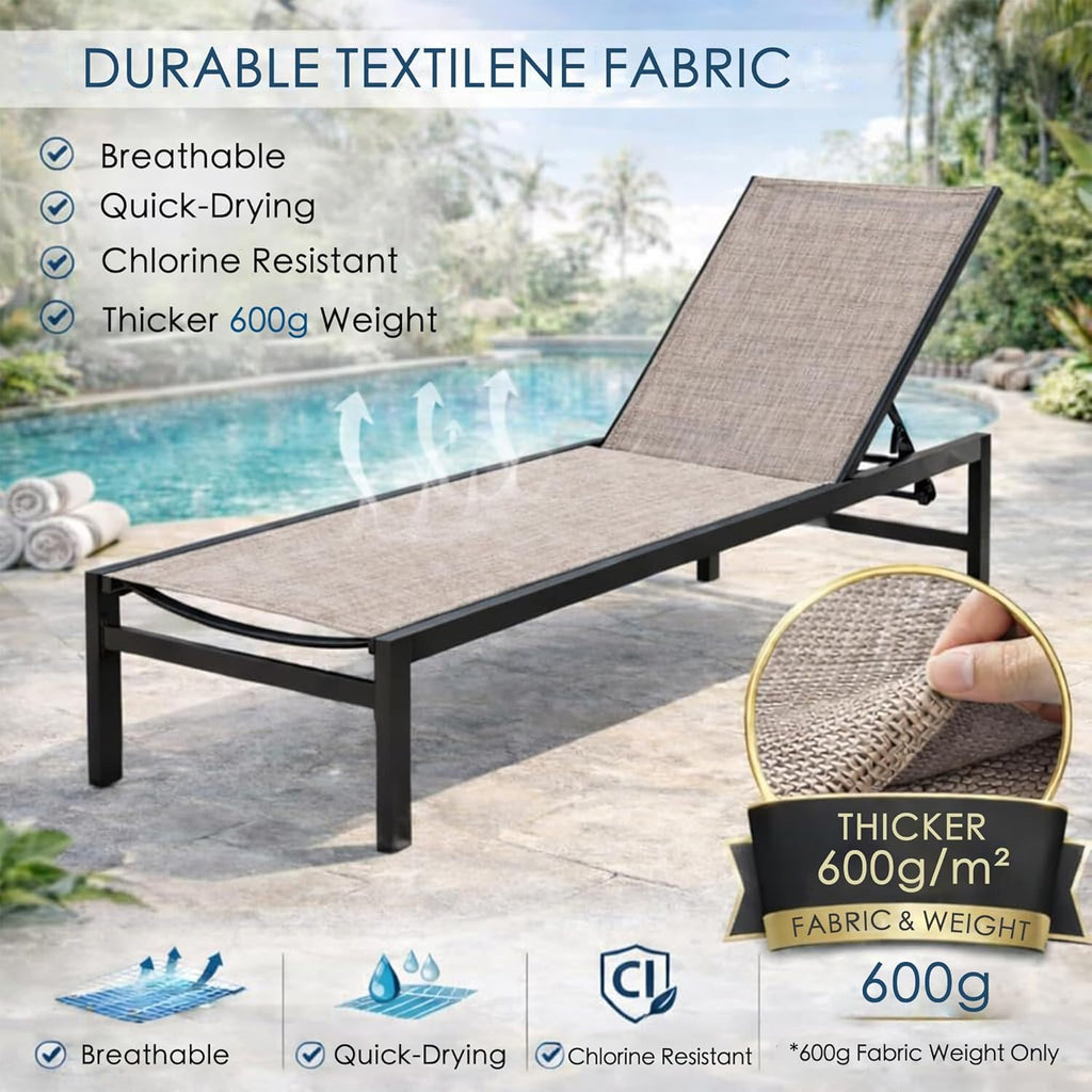 Outdoor Chaise Lounge, Powder-Coated Aluminum Frame | Textilene Fabric, Adjustable Reclining Patio Lounger (Beige)
