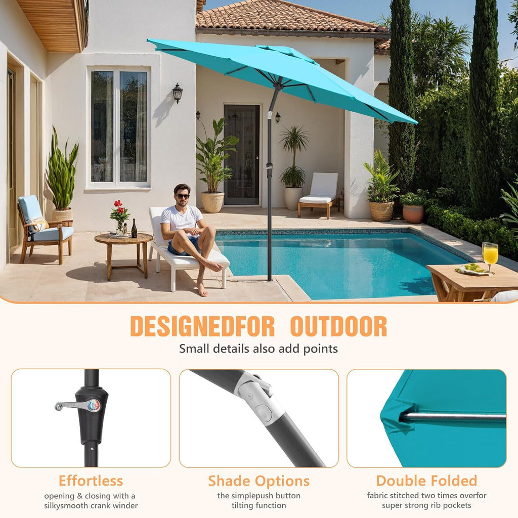 Outdoor Patio Umbrella, Table Umbrella with Push Button Tilt and Crank, 8 Ribs Market Umbrella - Blue-fiberglass Ribs