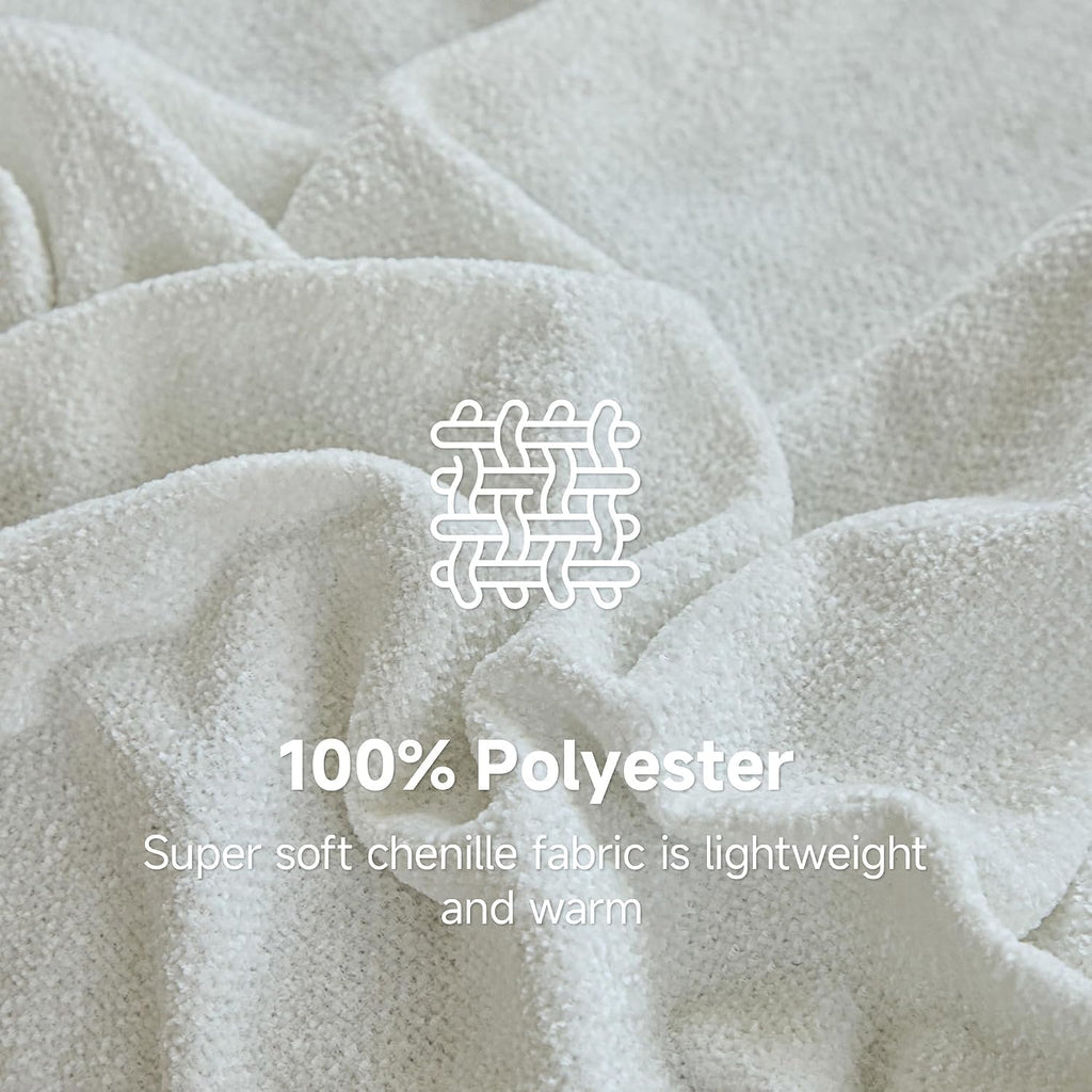 Soft Chenille Throw Blanket 50'' x 60'' - Cozy Fluffy Blanket with Fringe Tassel, Farmhouse Boho Blankets, Cream