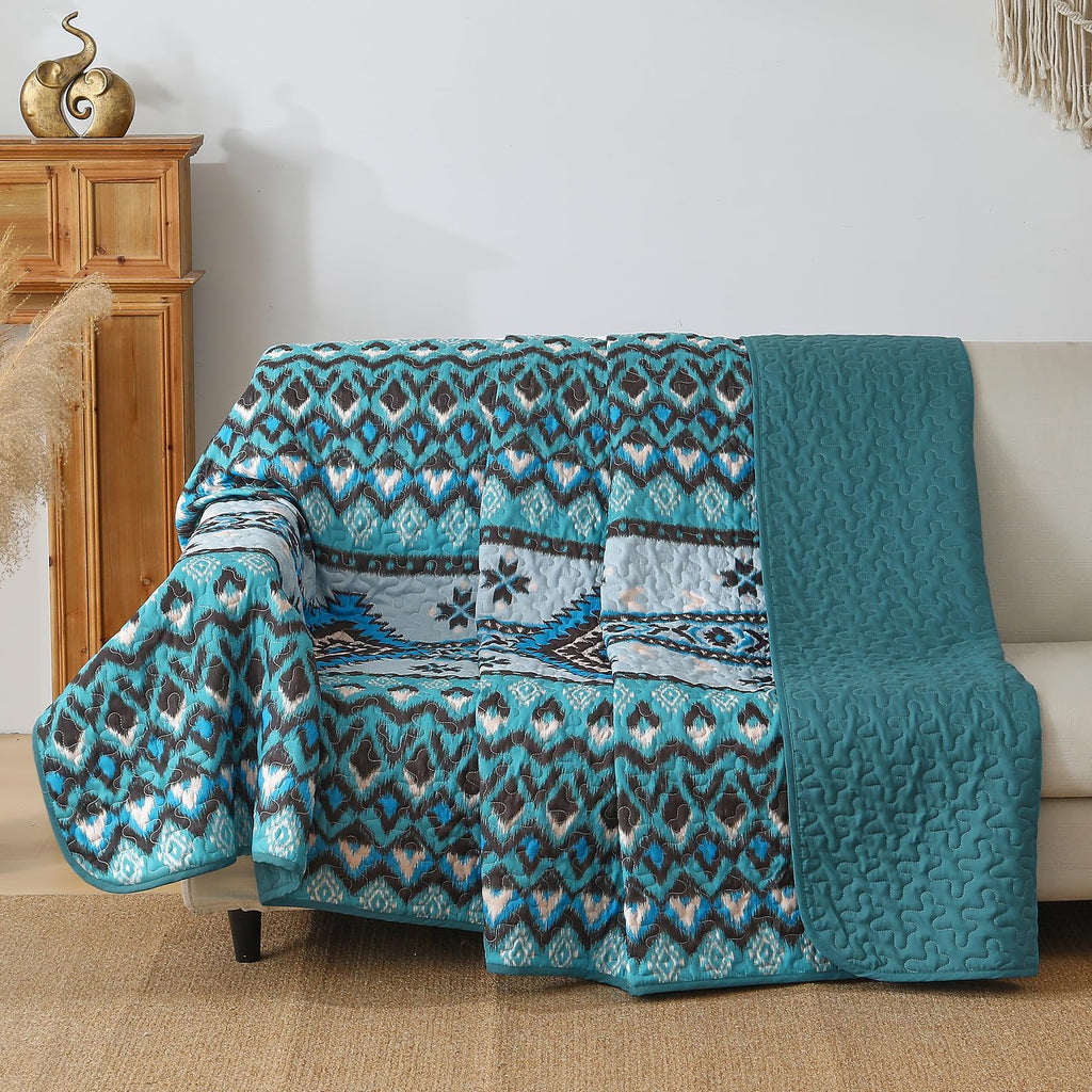 Boho Quilt Set, 3 Pcs Teal Aztec Lightweight Bedspread