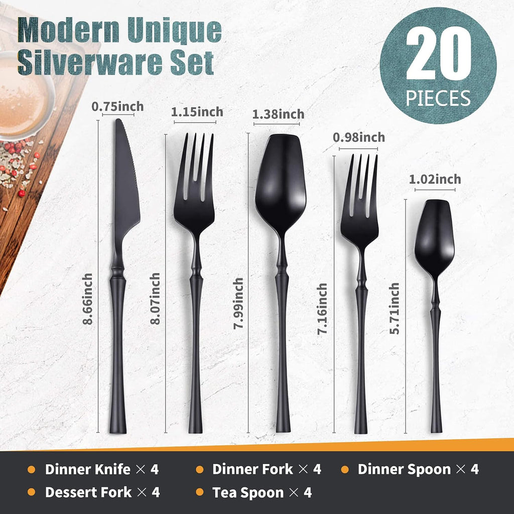 20-Piece Matte Black Silverware Set for 4,Modern 18/10 Stainless Steel Flatware Set,Unique Rustic Cutlery Utensils Set