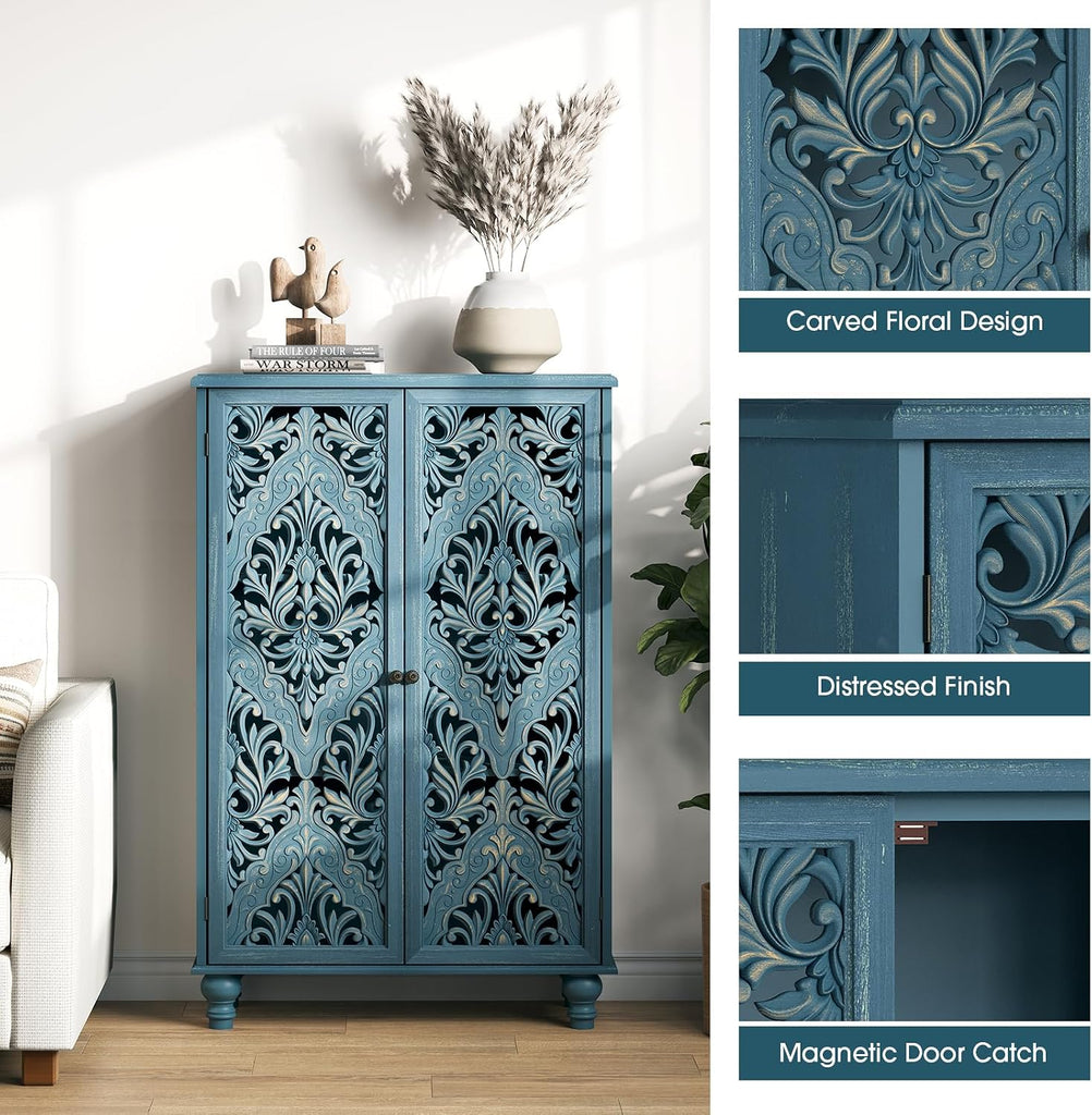 47" Tall Accent Cabinet with Carved Doors & Storage | Vertical Storage , Carved Floral Design, Farmhouse & Rustic