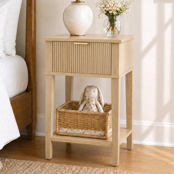 Natural Oak 15.4" Wide Small Nightstand with Drawer, Open Shelf, Fluted