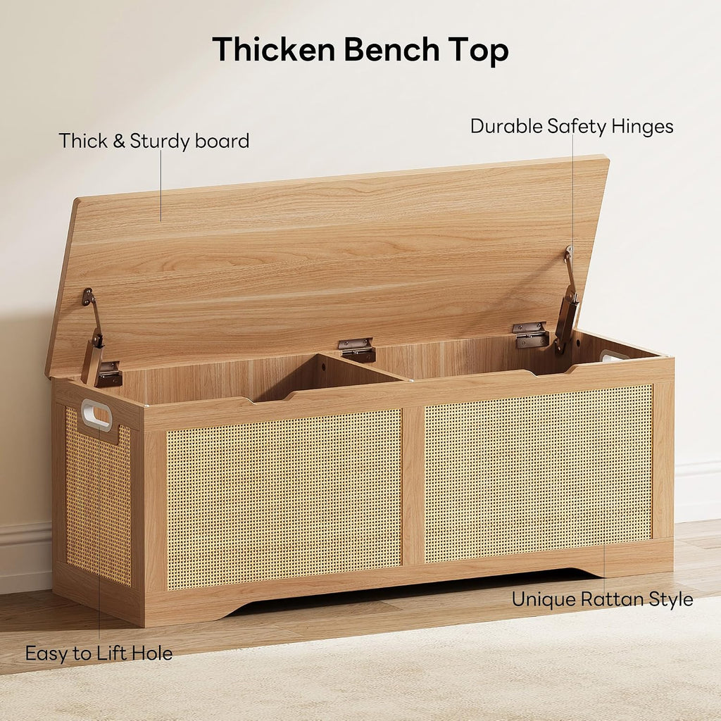47.2" Rattan Storage Ottoman Bench Chest, Rustic Wood | Vintage brown rattan and wood frame; 330 lb support and 47.2
