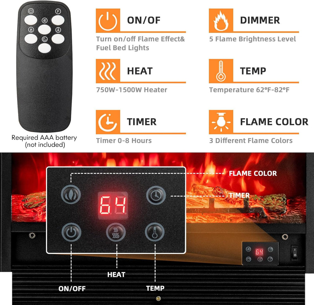 28.5" Electric Fireplace Insert, Wall Recessed/Mounted, Freestanding Fireplace with Remote Control