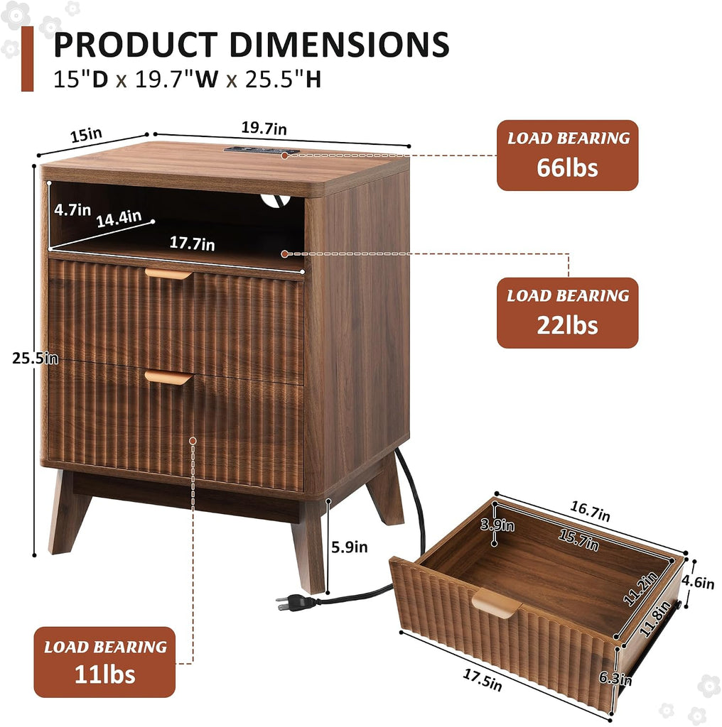Fluted Nightstand with Charging Station, 19.7 inch Wide End Table with 2 Drawers, Modern Wood Bedside Table ,Brown,1