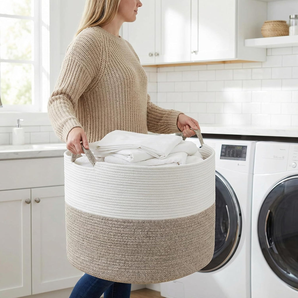 Large Blanket Basket , 21.7" x 13.8" Woven Cotton Rope Laundry Hamper for Pillows, Towels & Toy Storage - Decorative