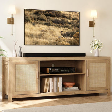 Rattan TV Stand for 75 inch, Boho Entertainment Center with Adjustable Shelves, Natural Oak TV & Media Cabinet 2-Tier