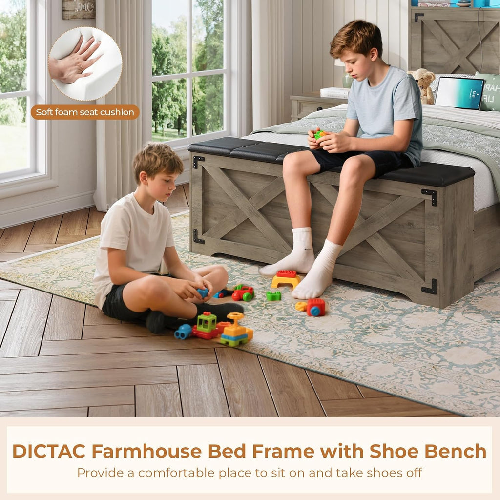 Farmhouse Twin Bed Frame with Storage Headboard and Charging Station Wood Platform Bed Frame Twin Size with Storage